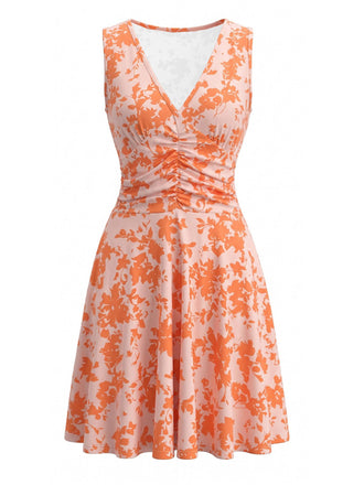 Robe Sans Manches Col V Imprimé Floral Orange Années 1970