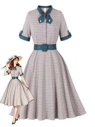 Robe Bleu à Carreaux Nœud Évasé Ceinturé Années 1950