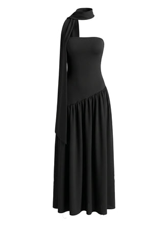 Robe Maxi Asymétrique Bustier Écharpe Noire Années 30