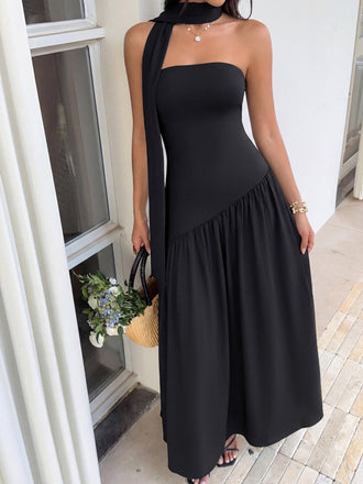 Robe Maxi Asymétrique Bustier Écharpe Noire Années 30