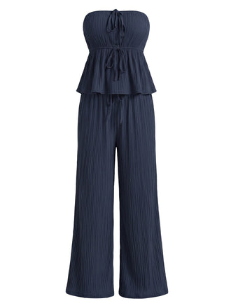 Ensemble 2 Pièces Top Bustier Texturé à Volants & Pantalon Bleu Années 50