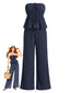2PCS Ensemble bleu haut texturé volants et sans bretelles et pantalon années 50