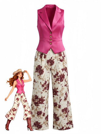 Ensemble 2 Pièces Gilet à Revers Boutonné & Pantalon Floral Rouge Pourpre Années 50