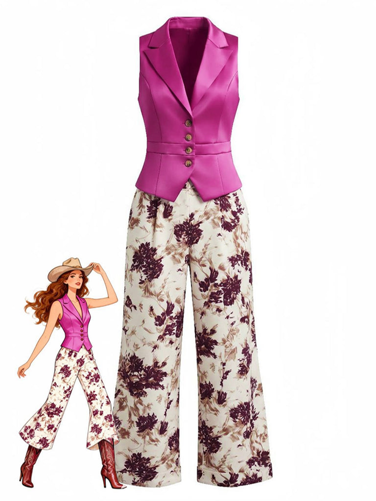 2PCS Gilet à Revers Boutonné & Pantalon Floral Rouge Années 50