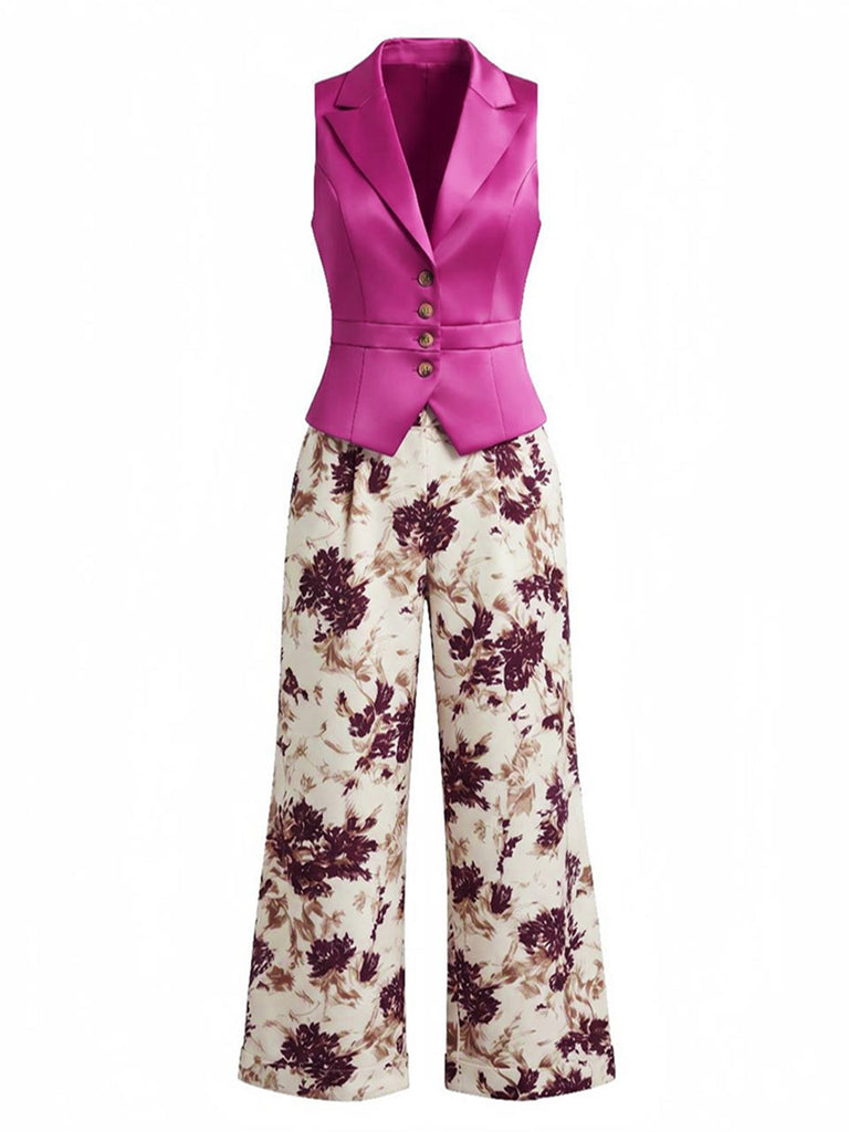 2PCS Gilet à Revers Boutonné & Pantalon Floral Rouge Années 50