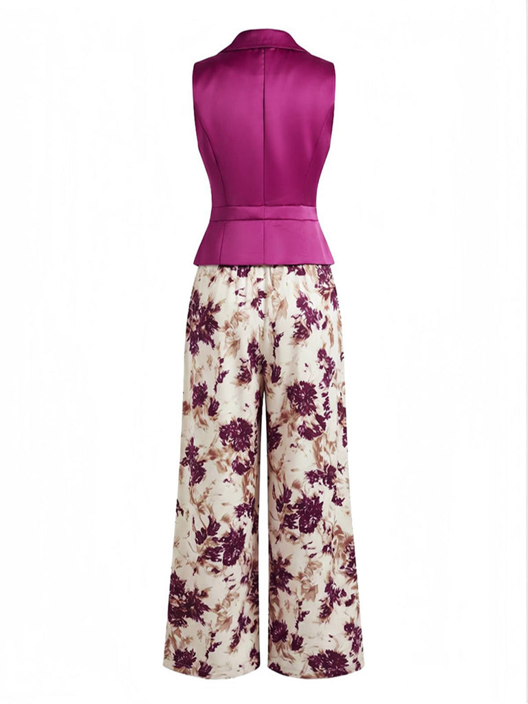 2PCS Gilet à Revers Boutonné & Pantalon Floral Rouge Années 50
