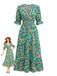 Robe Smocké Floral Col V à Volants Étagés Longue Abstrait Vert Années 1970