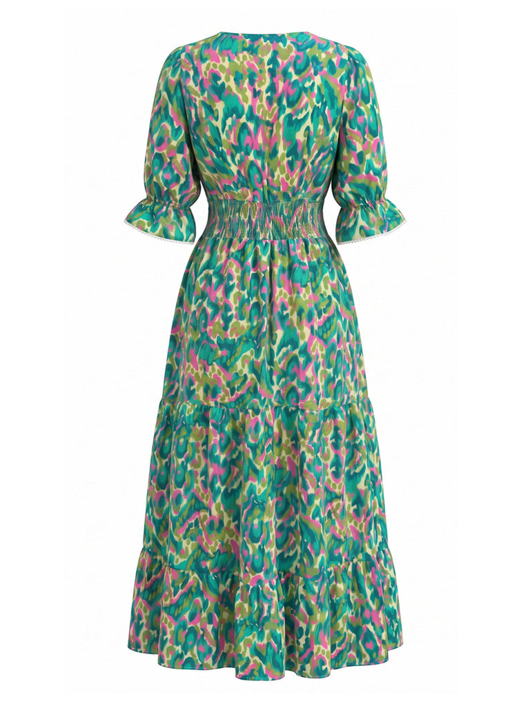 Robe Smocké Floral Col V à Volants Étagés Longue Abstrait Vert Années 1970 3
