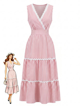 Robe Sans Manches Rayé Col V à Volants Étagés Longue - Bordure Années 1970