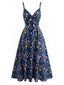 Robe Midi Bretelles Fines Fleurs Bleu Foncé Années 1930