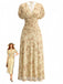 Robe Midi Col V Froncée Manches Bouffantes Floral Jaune Années 40