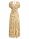 Robe Midi Col V Froncée Manches Bouffantes Floral Jaune Années 40