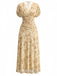 Robe Midi Col V Froncée Manches Bouffantes Floral Jaune Années 40