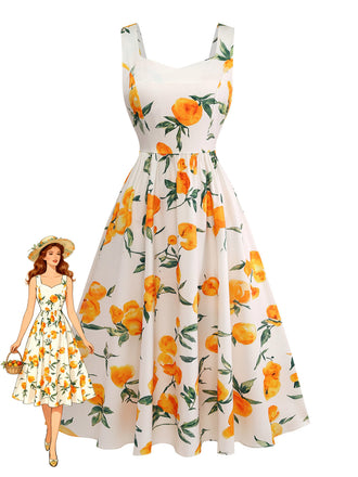 Robe Ligne A à Bretelles Imprimé Agrumes Orange Années 50