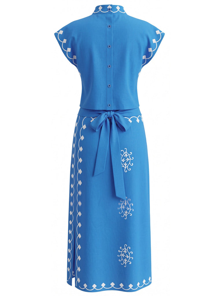 Ensemble Bleu Bohème Manches Cape & Fendu Années 1970 3