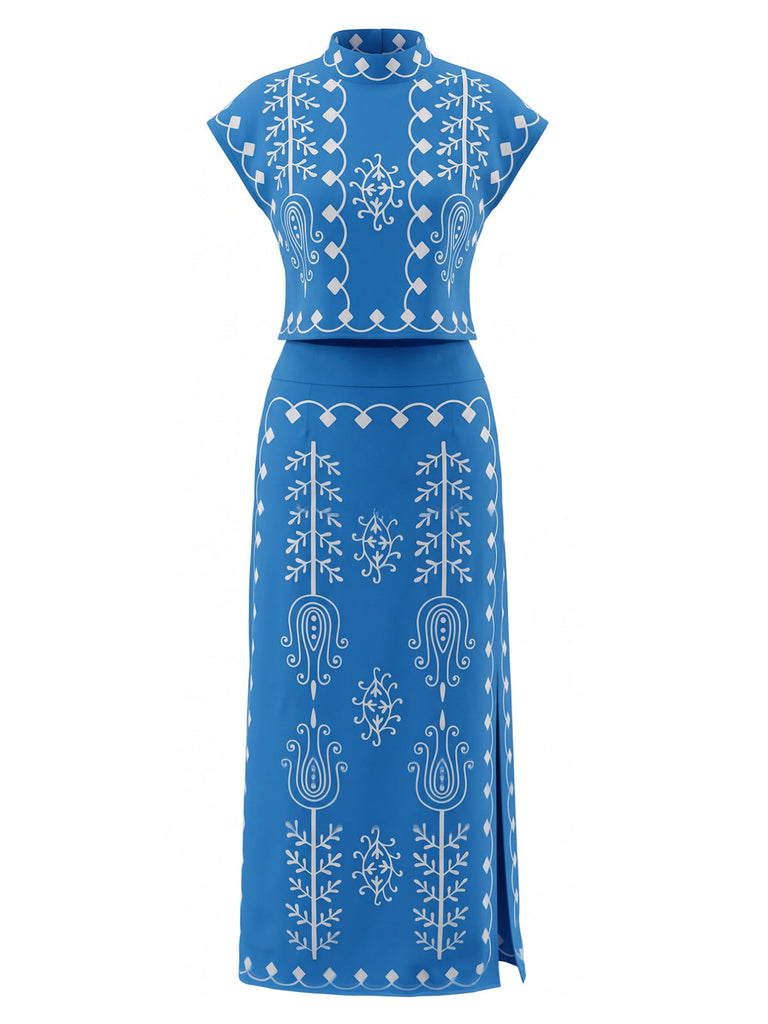 Ensemble Bleu Bohème Manches Cape & Fendu Années 1970 2