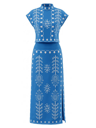 Ensemble Bleu Bohème Manches Cape & Fendu Années 1970 2