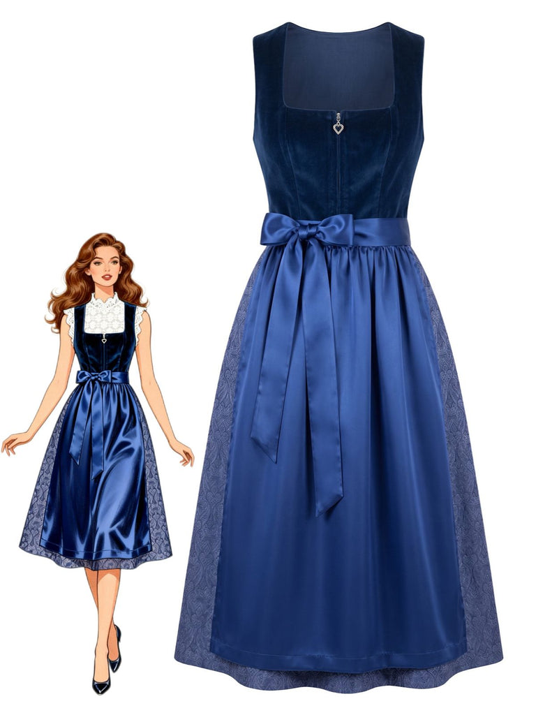 Robe bleue en velours à imprimé cachemire avec tablier années 1950