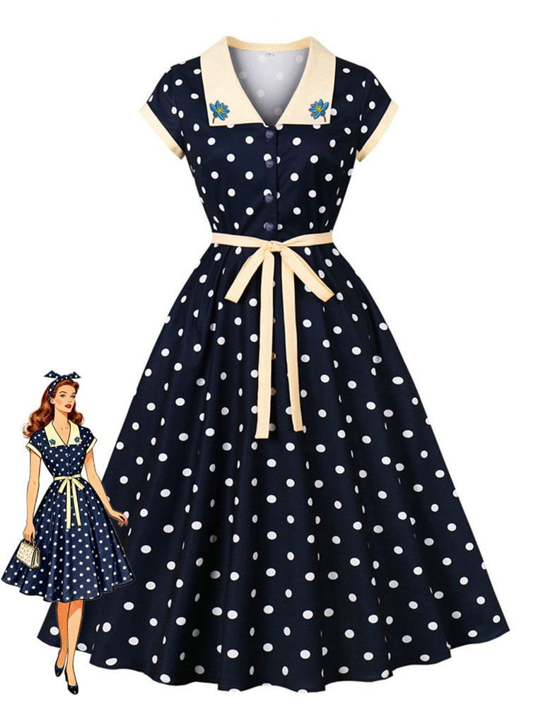 Robe Swing Contraste À Pois Bleu Marine Années 1950