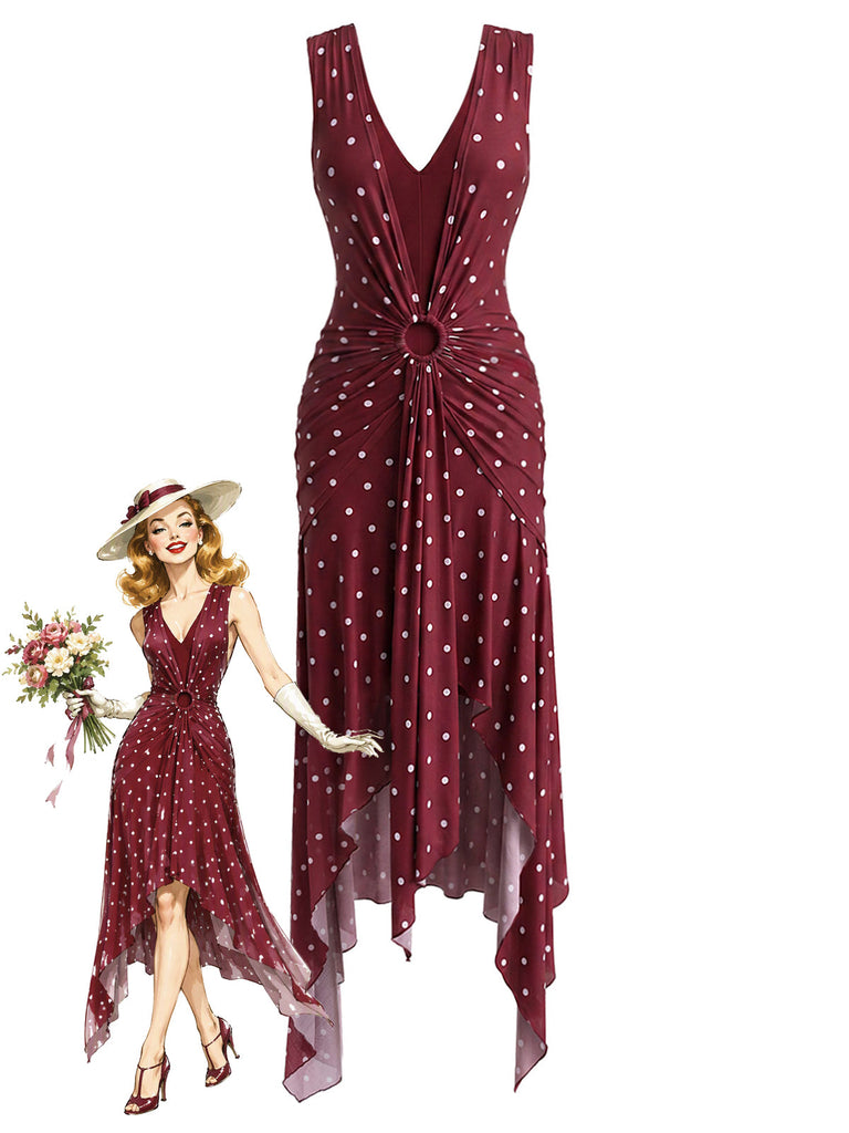 [Prévente] Robe à Pois à Ourlet Irrégulier Lie-de-Vin Années 1930