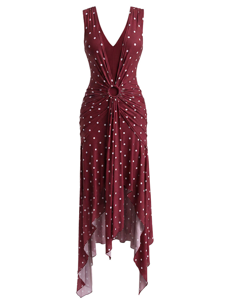 [Prévente] Robe à Pois à Ourlet Irrégulier Lie-de-Vin Années 1930