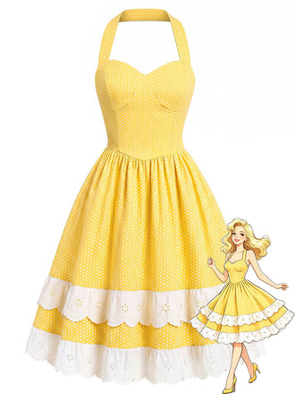 [Prévente] Robe à Étages Dos-Nu en Coton à Pois Nœud Jaune Années 50