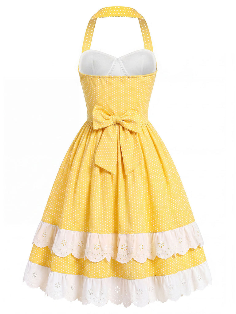 [Prévente] Robe à Étages Dos-Nu en Coton à Pois Nœud Jaune Années 50