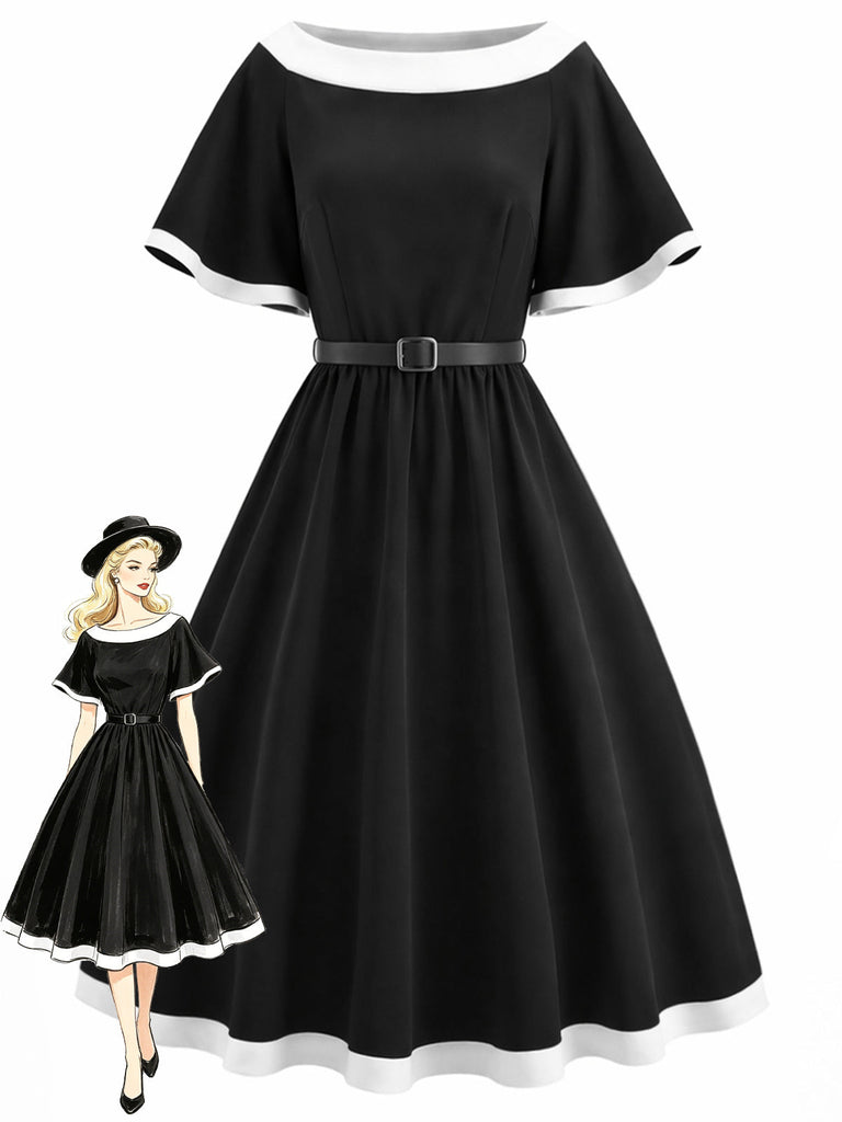 [Prévente] Robe Évasée Col Bateau Ceinturée Bordure Contrastée Noire Années 50