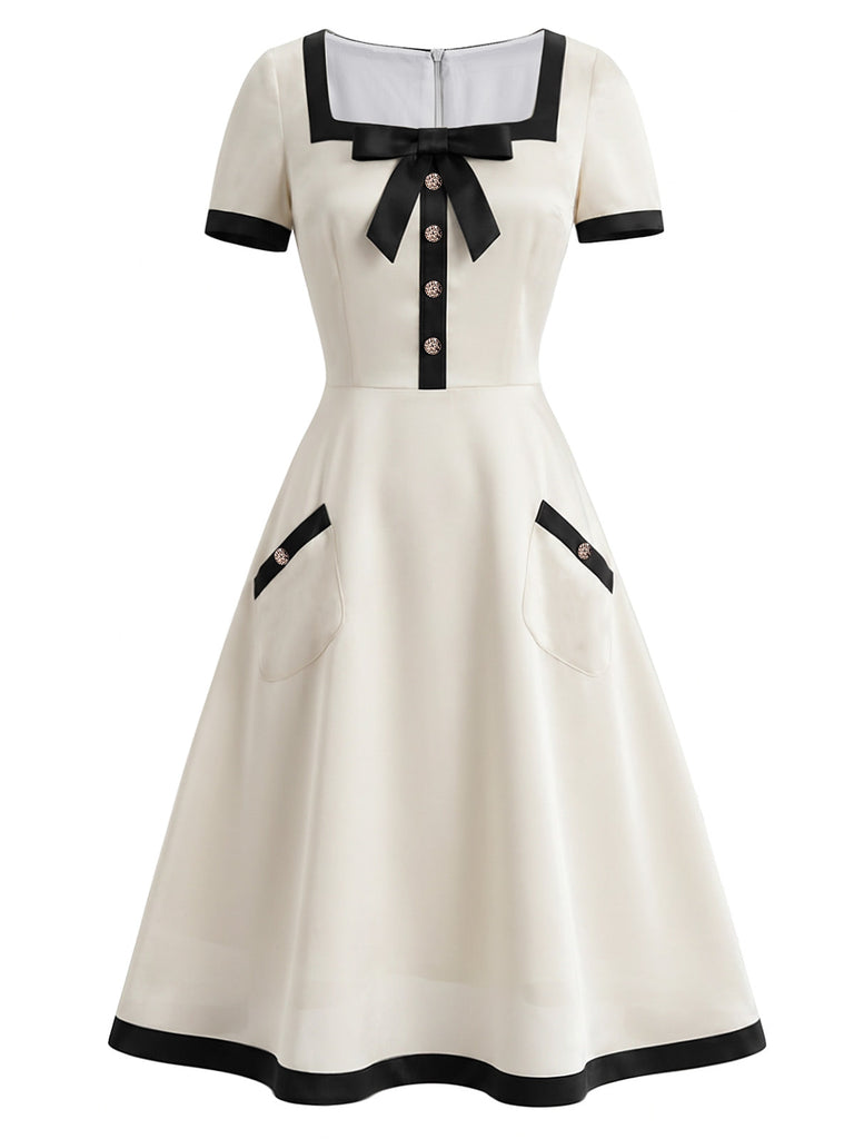 [Prévente] Robe Ligne A Col Carré Nœud Bordure Contrastée Blanche Années 40
