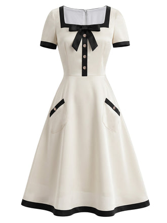 [Prévente] Robe Ligne A Col Carré Nœud Bordure Contrastée Blanche Années 40