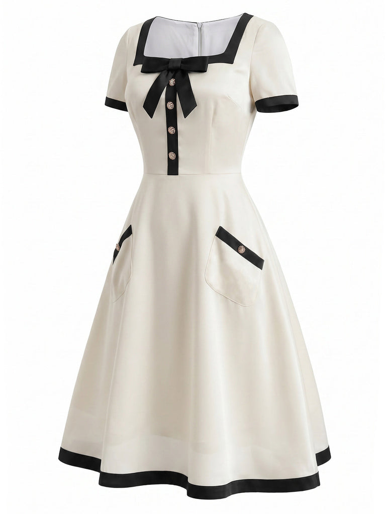[Prévente] Robe Ligne A Col Carré Nœud Bordure Contrastée Blanche Années 40