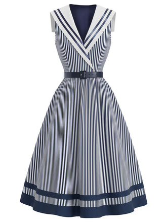 [Prévente] Robe Rayée Col Marin Col Châle Ceinturée Bleue Années 1940 2