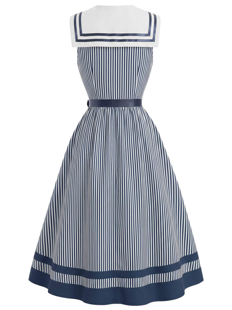 [Prévente] Robe Rayée Col Marin Col Châle Ceinturée Bleue Années 1940 4