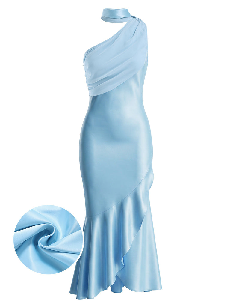[Prévente] Robe Sirène Satin Halter Asymétrique à Volants Bleue Années 1930