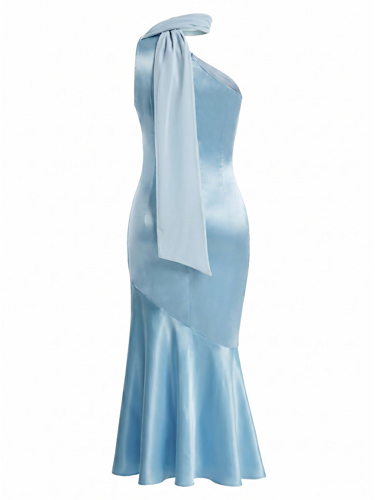 [Prévente] Robe Sirène Satin Halter Asymétrique à Volants Bleue Années 1930 4