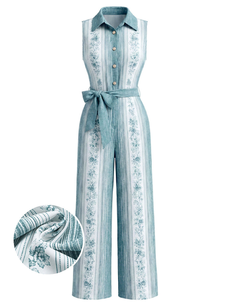 [Prévente] Combinaison à Jambes Larges Boutonnée Ceinturée Floral Bleu Clair Années 70