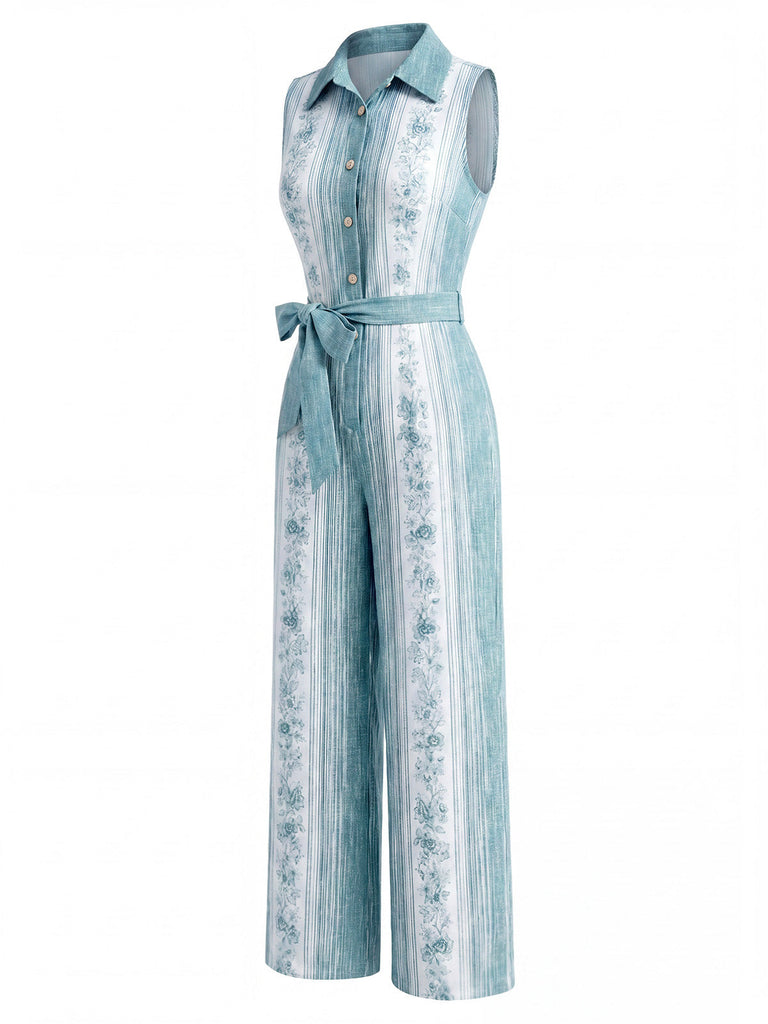 [Prévente] Combinaison à Jambes Larges Boutonnée Ceinturée Floral Bleu Clair Années 70