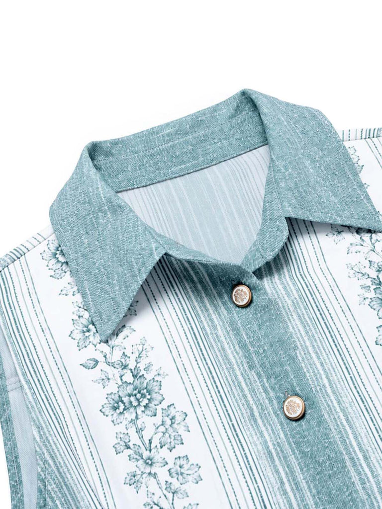 [Prévente] Combinaison à Jambes Larges Boutonnée Ceinturée Floral Bleu Clair Années 70