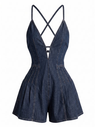 Combishort Coton Denim à Bretelles Noué au Dos Années 1950