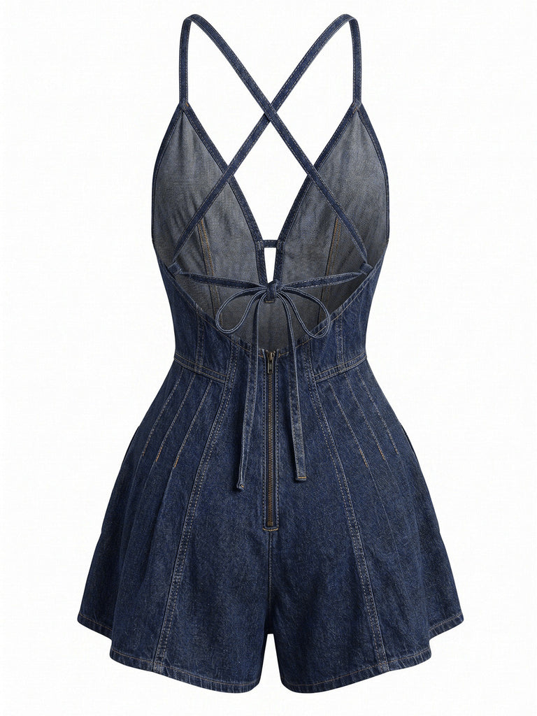 Combishort Coton Denim à Bretelles Noué au Dos Années 1950 5