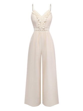 Combinaison à Bretelles Spaghetti Dentelle Crochet Franges Beige Années 70