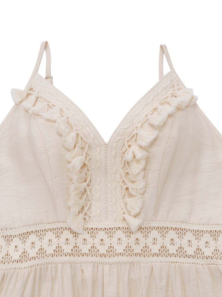 Combinaison à Bretelles Spaghetti Dentelle Crochet Franges Beige Années 70