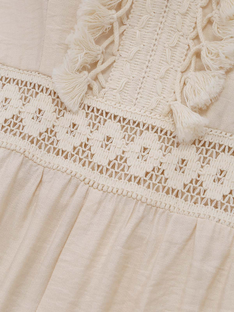 Combinaison à Bretelles Spaghetti Dentelle Crochet Franges Beige Années 70