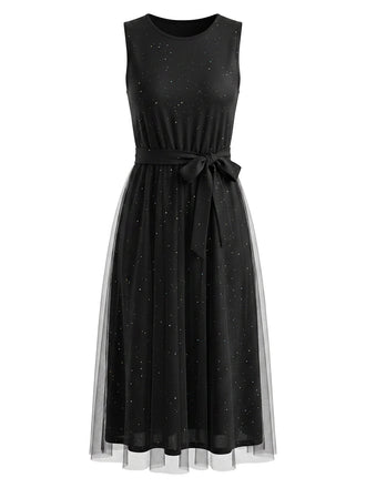 Robe sans Manches Paillettes Tulle Patchwork Noire Années 50