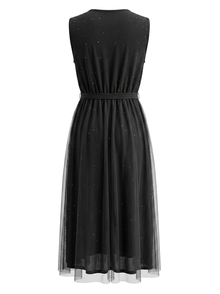 Robe sans Manches Paillettes Tulle Patchwork Noire Années 50