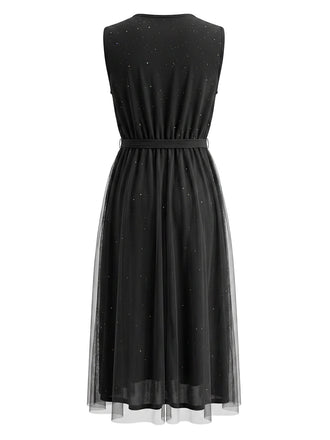 Robe sans Manches Paillettes Tulle Patchwork Noire Années 50