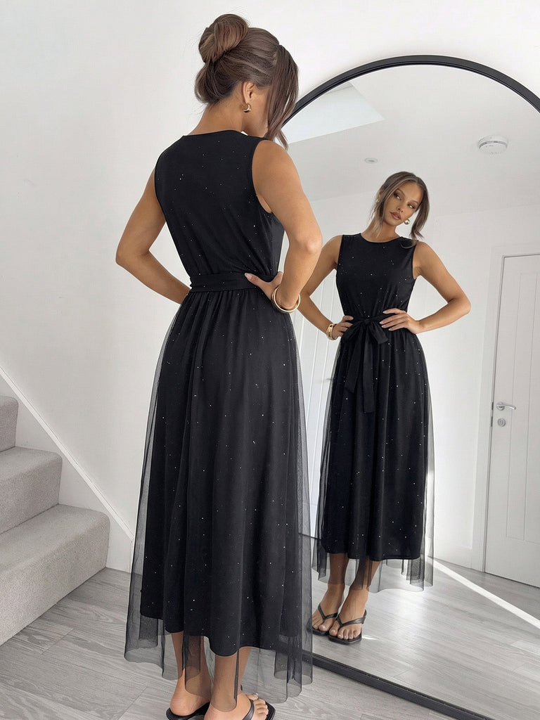Robe sans Manches Paillettes Tulle Patchwork Noire Années 50