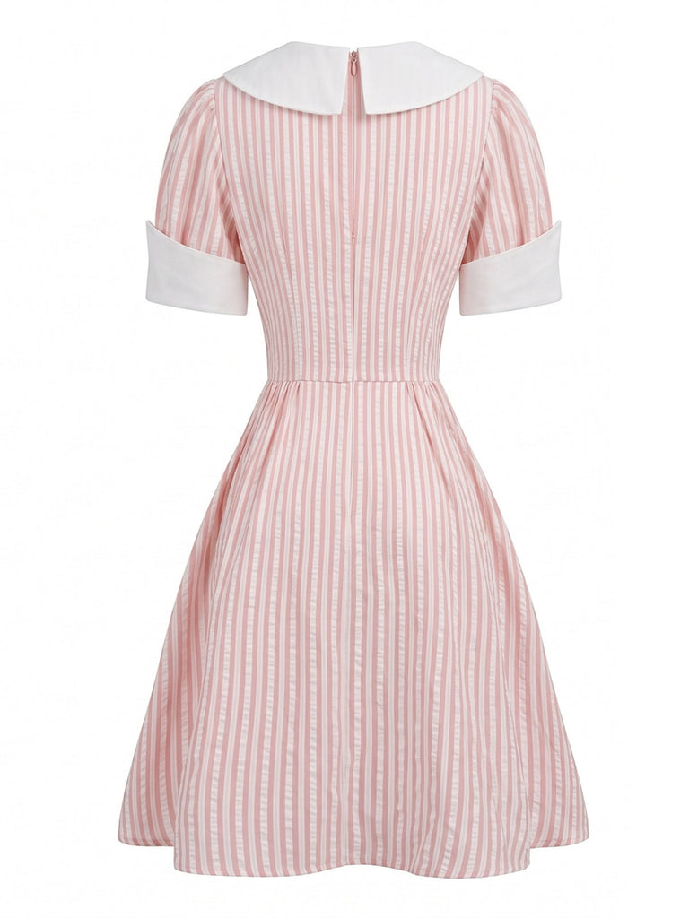 Robe Rayée Col Marin Manches Bouffantes Col à Nouer Années 1950 2