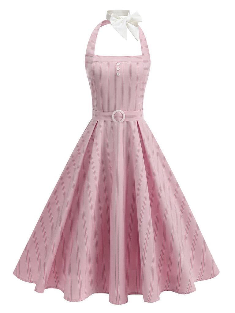 Robe Dos Nu Rayé Ceinturé Années 1950