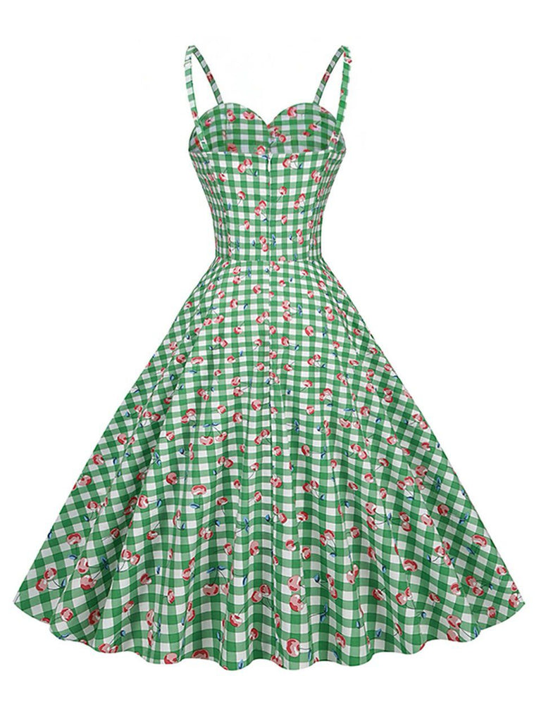 Robe Vichy Cerise Coton Bretelles Fines Verte Années 1950 6